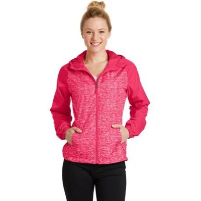 Sport Tek Ladies Heather Colorblock Raglan Hooded Wind Jacket LST40 Ladies Heather Colorblock Raglan Hooded Wind Jacket Thumbnail
