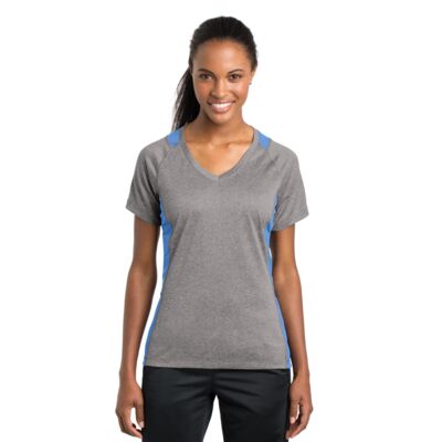 Sport Tek Ladies Heather Colorblock Contender ™ V Neck Tee LST361 Ladies Heather Colorblock Contender ™ V Neck Tee Thumbnail